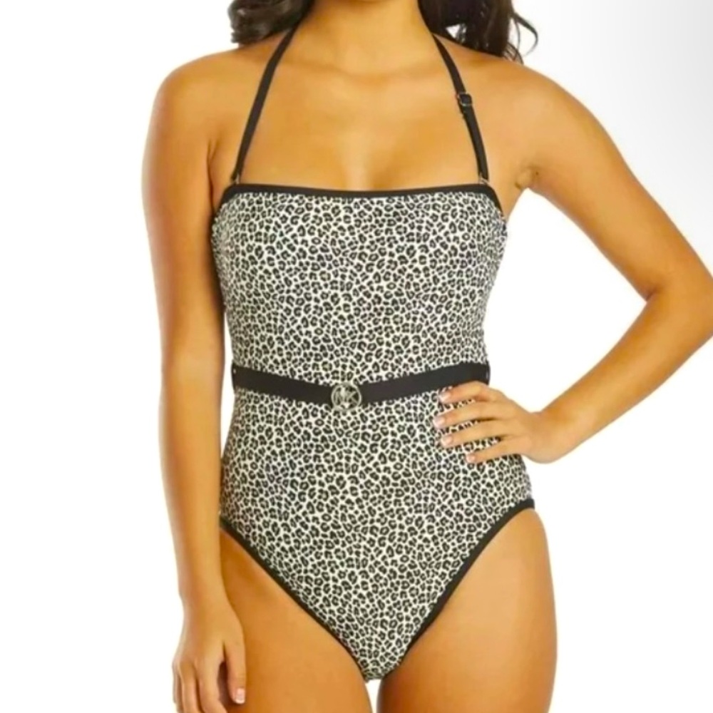Michael Kors Animal Print Logo Belt Bandeau One Piece Swimsuit NWT